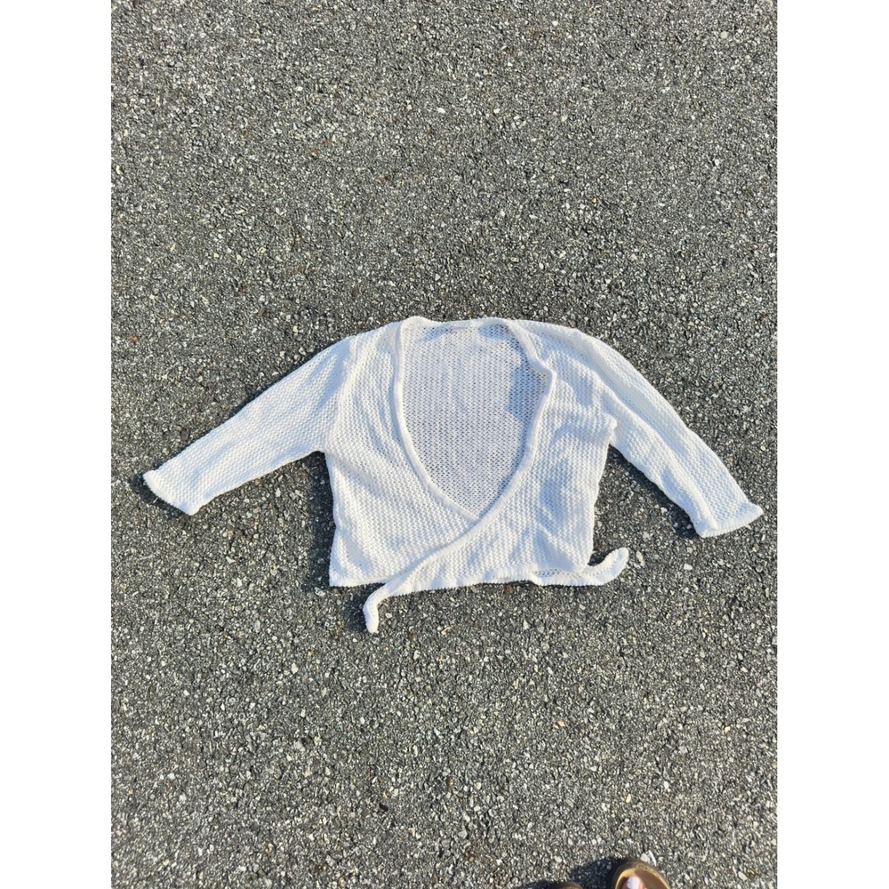 90s Christopher & Banks White Open Knit Tie Front Shrug Sweater Cropped Medium